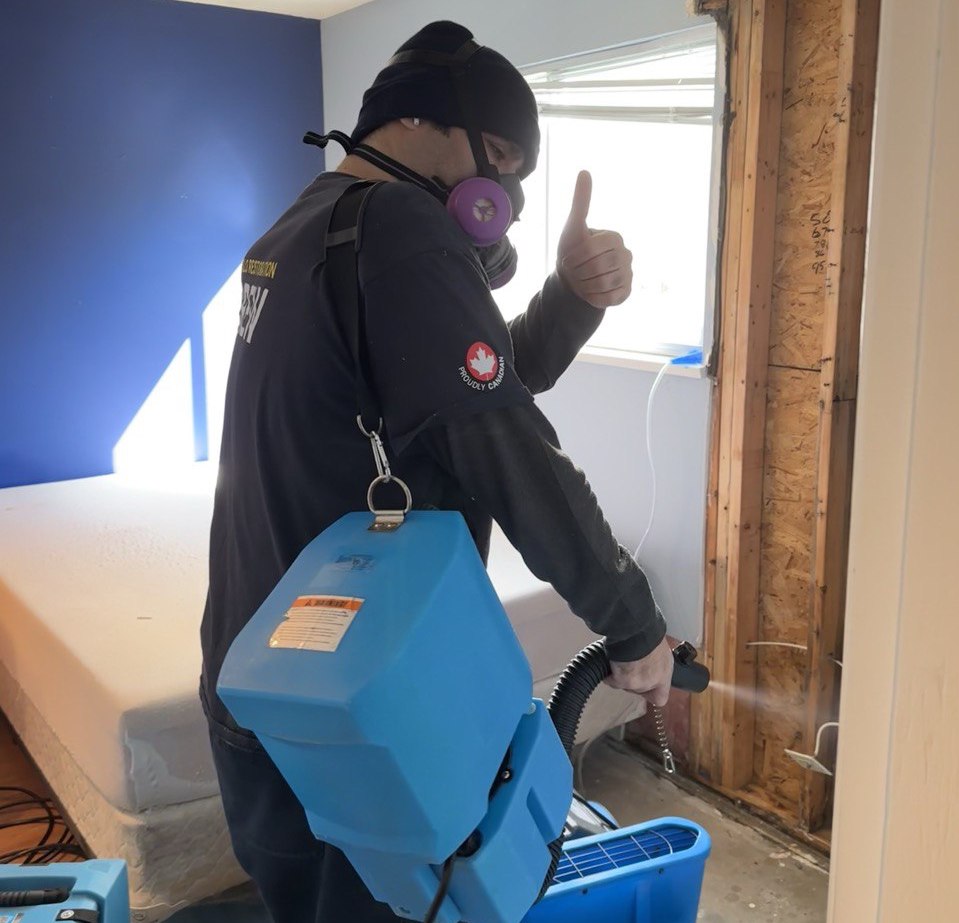 Industrial dehumidifier and air mover setup for water damage restoration in a Vancouver home