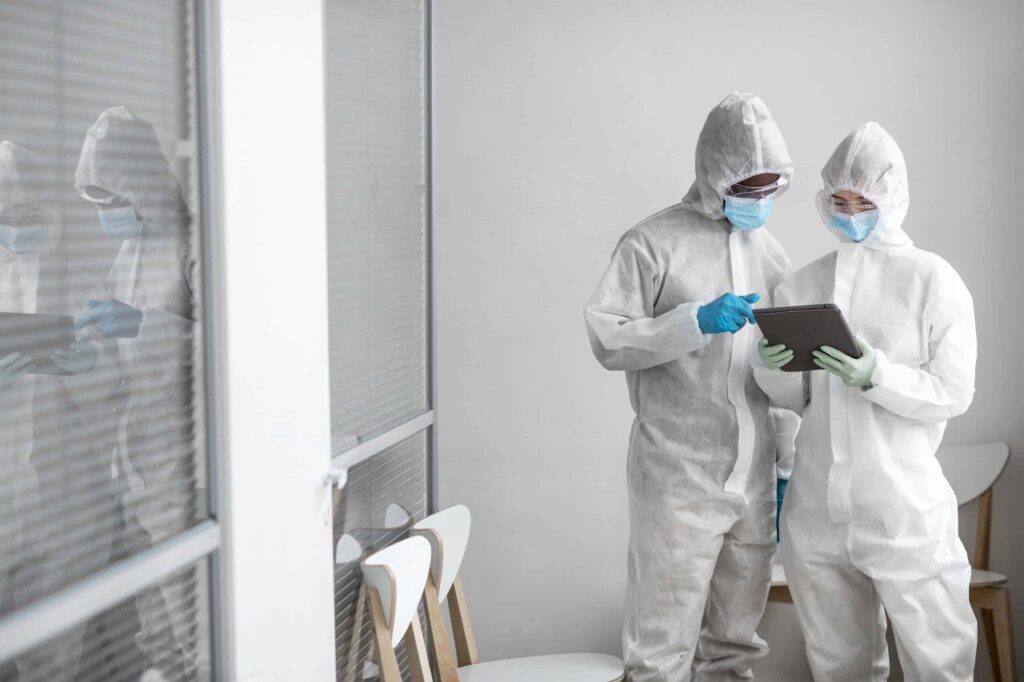 Technician using EPA-approved disinfectant for special cleaning services in a Vancouver office