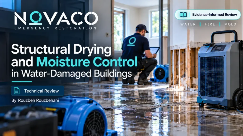 Novaco branded technical review cover for structural drying and moisture control in water-damaged buildings, by Rouzbeh Rouzbehani