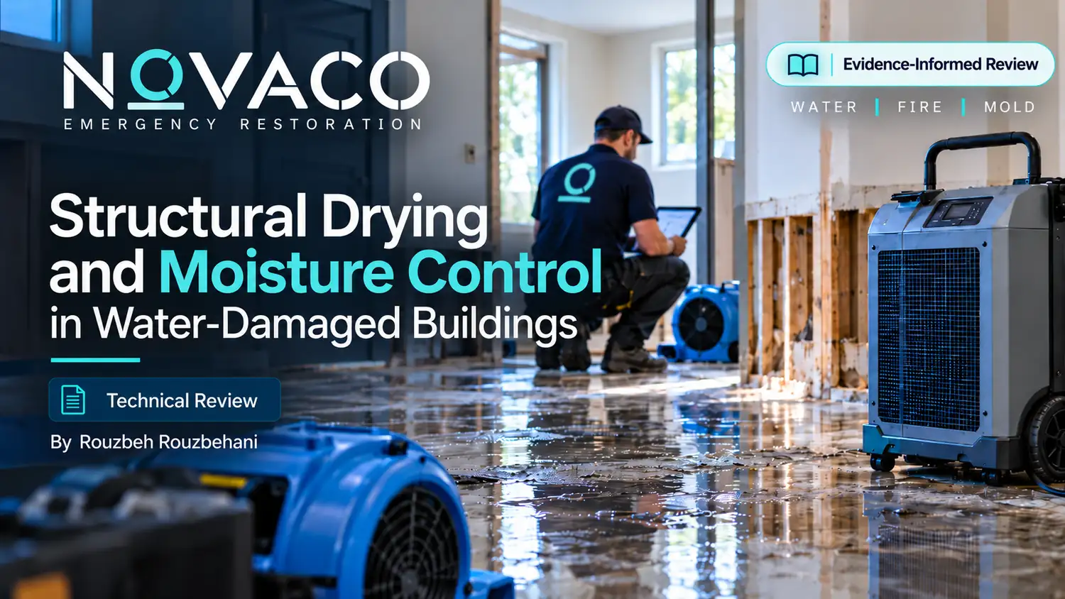 Novaco branded technical review cover for structural drying and moisture control in water-damaged buildings, by Rouzbeh Rouzbehani